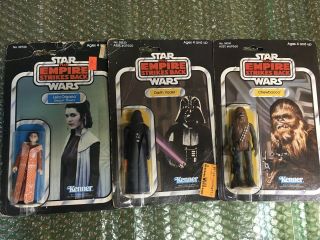 Three (3) Vintage Kenner Star Wars Esb Figures Moc Vader Chewbacca Leia