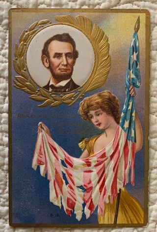 Vintage Antique Patriotic Abraham Lincoln Martyred Lady Flag Postcard
