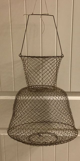 Vintage Fishing Collapsible Metal Basket W/ Wire Trap Door & Handle Cage