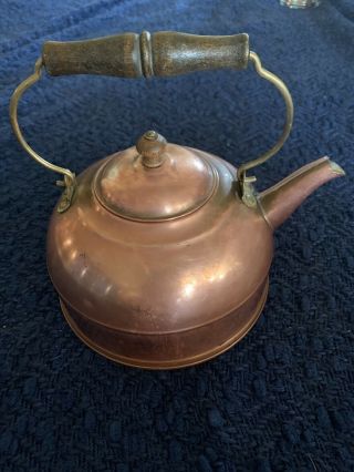 Vintage Copper Tea Pot Kettle Wood & Brass Handle Antique