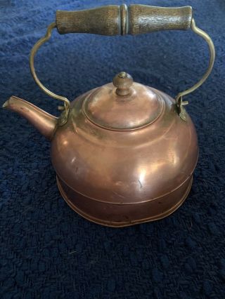Vintage Copper Tea Pot KETTLE Wood & Brass Handle antique 2