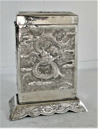 Antique Rare Chinese Export Silver Vertical Cigarette Box Dragon & Phoenix 1900