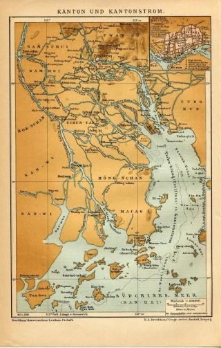 1899 China Canton Guangzhou Kwangchow Macao Macau Antique Map Dated