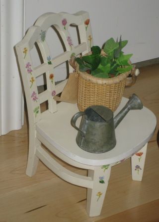 Vintage White Wood Doll Chair With Hand - Painted Spring Flowers