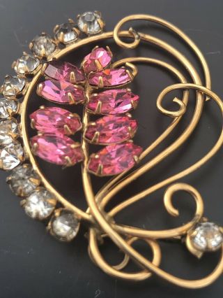 Signed 12 Kt G.  F.  Antique Vintage Pink Marquis Clear Rhinestone Brooch Pin