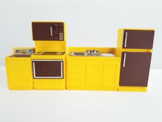 Vintage Mid Century Modern Dollhouse Yellow Kitchen Furniture Appliances
