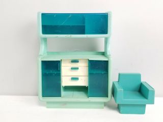 Vintage 1978 Barbie Dream House Blue Hutch Cabinet & Chair