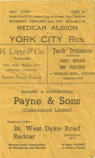 Rare Football Programme Redcar Albion V York City Reserves North Riding Cup 1957