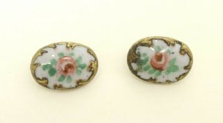 Two Tiny Vtg Antique Oval Porcelain Hand Painted Enamel Rose Metal Buttons