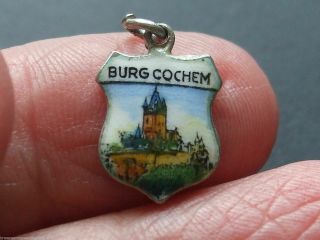 Antique Vintage German Silver Enamel Burg Cochem Castle Shield Crest Fob Charm