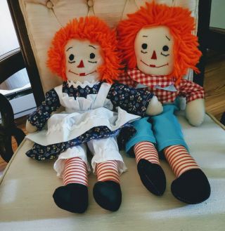 2 Vintage Raggedy Ann & Andy 19 " Cloth Dolls,  Hand Sewn Doll Bodies & Clothes