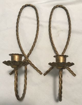 Pair Vtg Home Interior Antique Gold Metal Rope Candle Holders Wall Sconces Euc