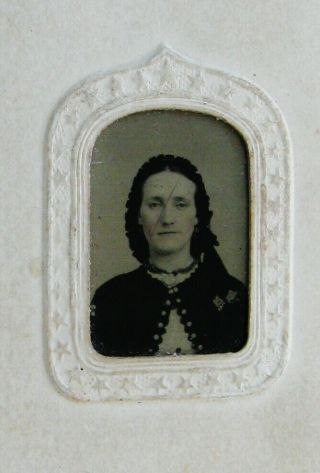 Antique Civil War Era Tintype Photo Of A Lovely Young Woman Wearing Jewelry