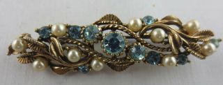 Vintage Antiqued Goldtone Blue Rhinestone Faux Pearl Bar Pin Brooch