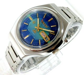 Ricoh Automatic Japan Day Date Designer Rare Blue Dial Mens Watch 38mm