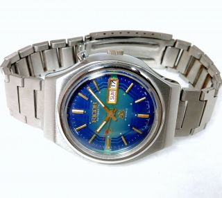 Ricoh Automatic Japan Day Date Designer Rare Blue Dial Mens Watch 38mm 2