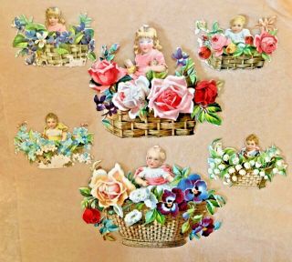 6 Antique Vintage Victorian Children In Flower Baskets Die Cut Scraps