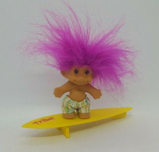 Vintage Russ Surfing Troll Doll Pink Hair And Striped Shorts On Yellow Board