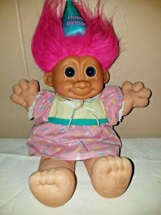 Vintage Russ Troll Kidz Happy Birthday Plush Doll 90s Pink Hair Toy Dress Hat
