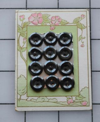 7947 Antique Button Card,  12 Black Shell Mother Of Pearl Buttons,  Rose Graphic