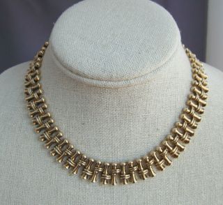 Rare Vintage Crown Trifari Patent Pend Gold Tone Bamboo Link Wide Chain Necklace