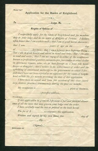 C1890 Antique Knights Of Pythias Application For Knighthood