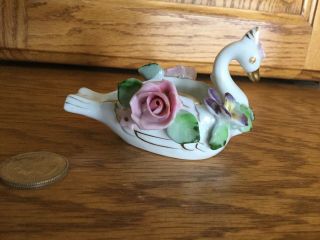 Tiny Vtg Porcelain Swan With “capodimonte” Style 3d Flowers