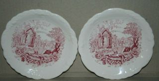 2 Antique English Abbey China Red Transferware Saucers Embossed Scalloped Rim
