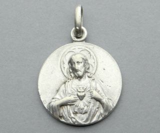 Jesus Christ Sacred Heart.  Virgin Mary.  Antique Religious Pendant.  French Medal.