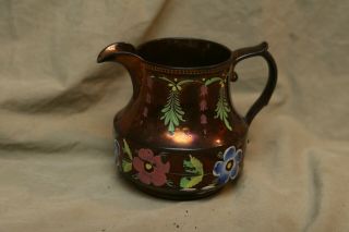 Antique Mid 19th C Hand Painted Copper Luster Lustre Creamer Milk Pitcher 4.  5 "
