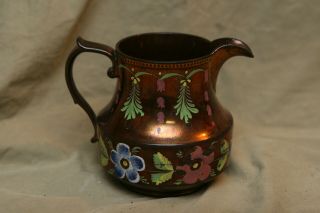 Antique mid 19th C Hand Painted Copper Luster Lustre Creamer Milk Pitcher 4.  5 