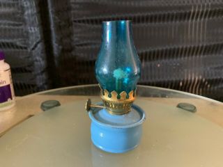 Vintage Antique Oil Lamp Brass & Glass Blue
