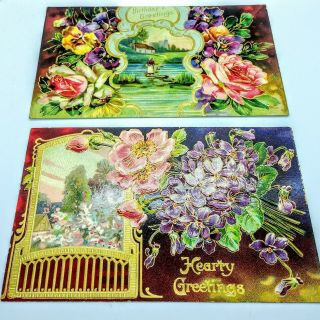 Antique Postcards 2 Heavily Embossed Gold Gilt Floral Ephemera Scrapbook Jj
