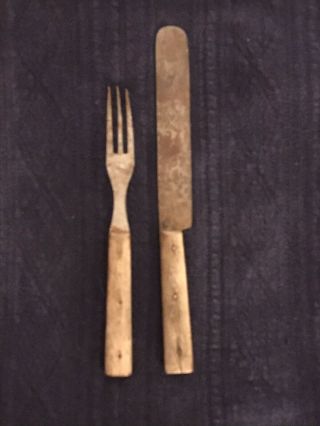 Antique Civil War Era Field Flatware - Knife & Fork - Wooden Handles