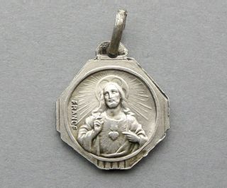 Jesus Christ And Virgin Mary.  Sacred Heart.  Antique Religious Silver Pendant.