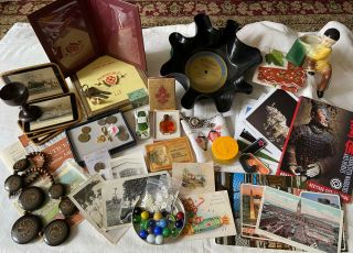 Vintage Antique Estate Junk Drawer - Postcards,  Coins,  Marbles,  Jewelry,  Bottles