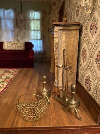 Vintage Dollhouse Miniature Fireplace Tools Andirons Filigree Metal Log Basket