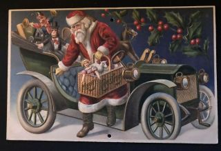 Santa Claus In Old Car With Toys Antique Christmas Postcard - - A605