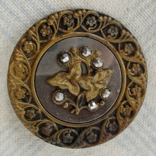 1 1/2 " Antique Brass Disc Button W Flower Border & Brass Escutcheon W Cut Steels