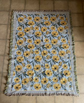 Rare Goodwin Weavers Usa Floral Sunflowers Butterfly Woven Throw Blanket 48”x64”
