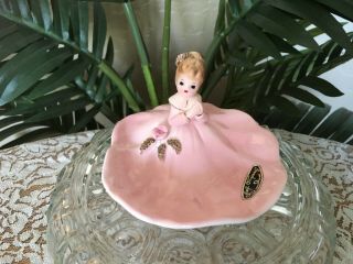 Rare Vintage Josef Originals Girl In Pink Porcelain Trinket Dish Pin Holder