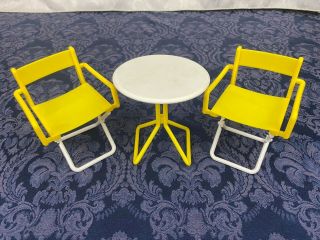 Vintage 1986 Barbie Round Table & 2 Director Chairs Yellow & White Set