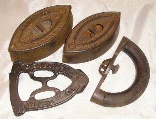 Antique W H Howell Sad Irons - Geneva Ill - Two Sad Irons,  Trivet,  Handle