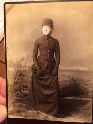 Antique 19th C.  Cabinet Card Photo Of A Young Lady W/a Riding Whip.