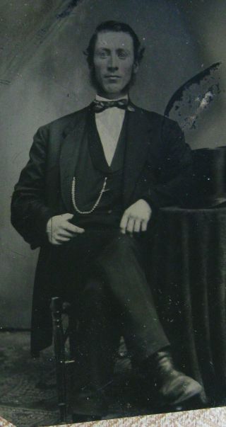 Antique Tintype Photo Portrait Of Handsome Dapper Seated Young Man With Top Hat