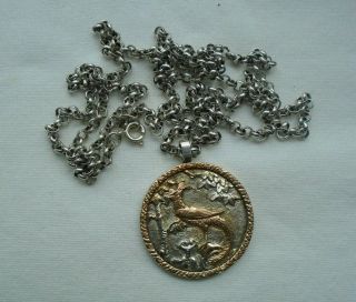 Rare Chinese Qing Dynasty Silver & Gold Medallion On 32 " Belcher Chain,  Maker Ts