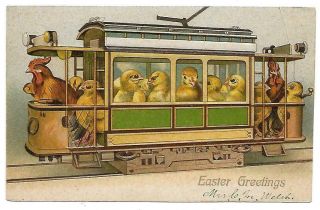 Easter Cute Humanized Chicks On Train Trolley Car Antique Fantasy Postcard - A844