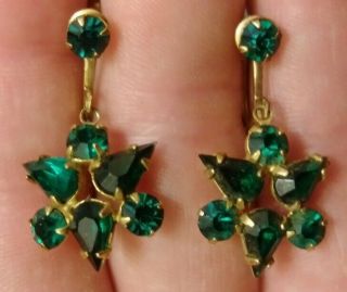 Antique Art Deco Brass And Emerald Green Glass Screw Back Flower Dangle Earrings