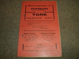 Rare Vintage Pre War Rugby League Programme Dewsbury V York 4th March 1939