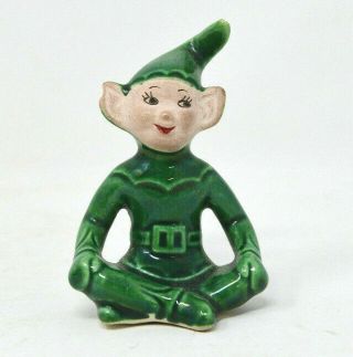 Vintage Green Pixie Elf Sitting Cross Legged Ceramic 3 Inches Tall